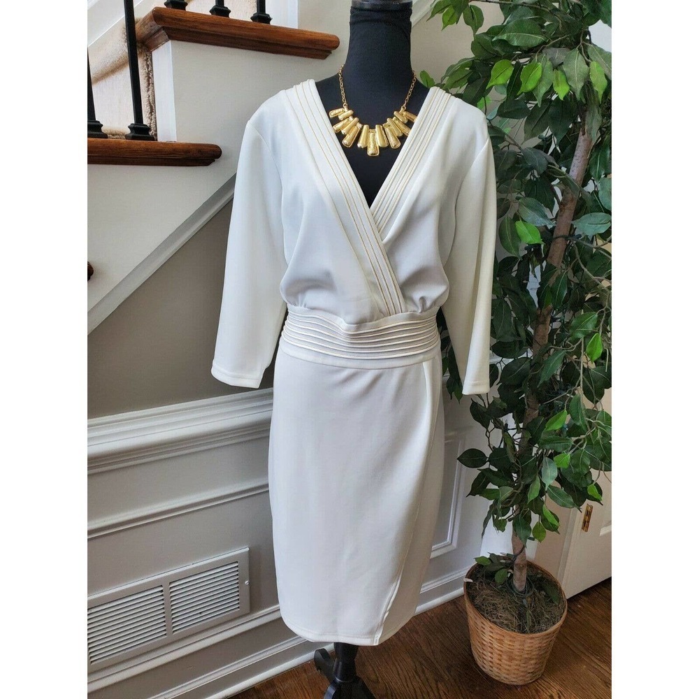 Ashley Stewart Womens Ivory Polyester V-Neck Long Sleeve Knee Length Dress 18/20